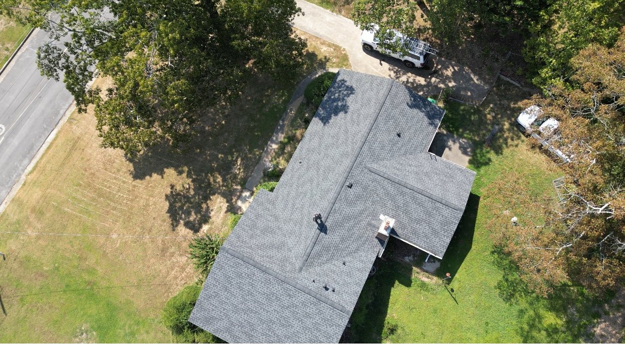 Aerial view of completed residential roof
